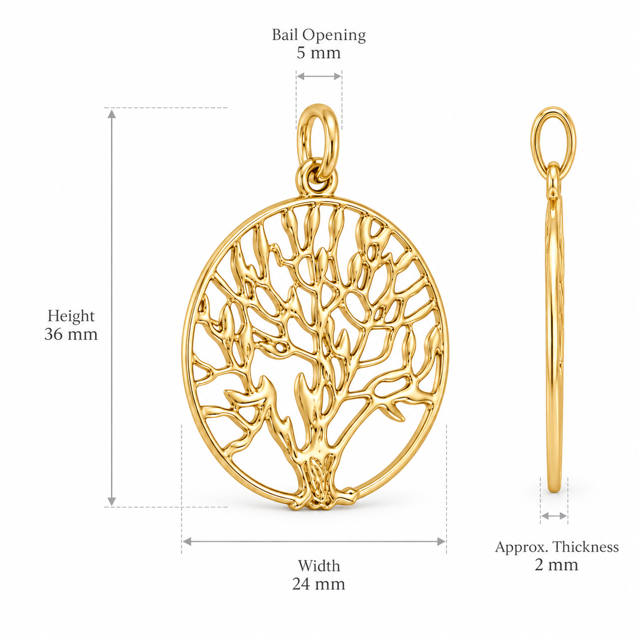 Aurelia Tree of Life pendant dimensions: 36 mm high, 24 mm wide, 5 mm bail opening and approx. 2 mm thick
