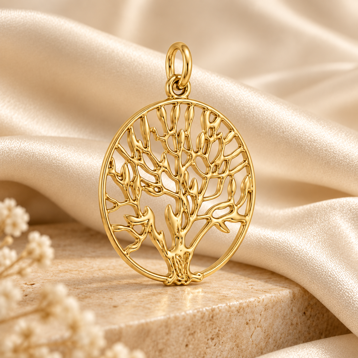 Aurelia Tree of Life gold pendant displayed on champagne satin with soft floral styling