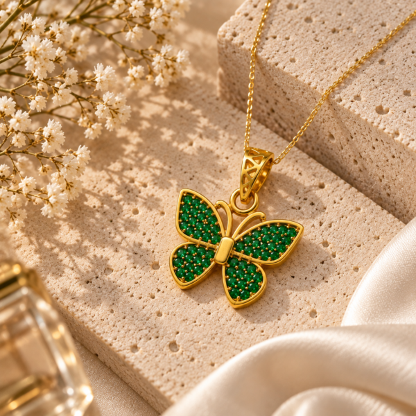 Emerald-green pavé butterfly pendant with gold detailing on a delicate gold chain