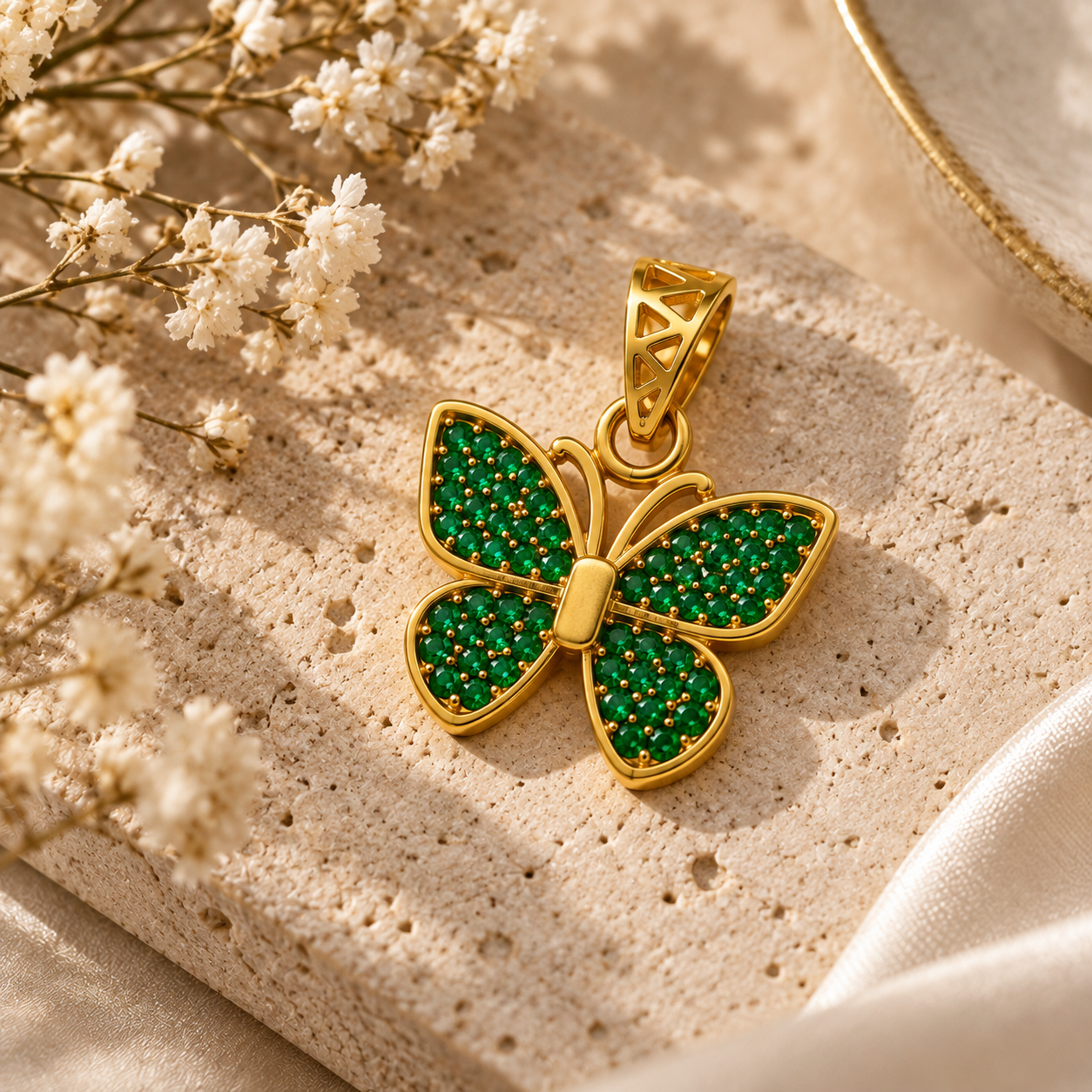 Gold butterfly pendant with four emerald-green pavé wings and geometric openwork bail
