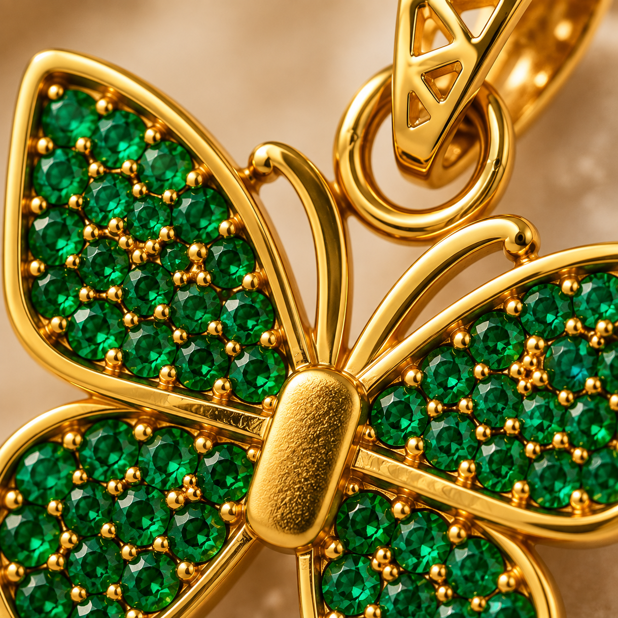 Macro close-up of emerald-green pavé stones and polished gold detailing on butterfly pendant