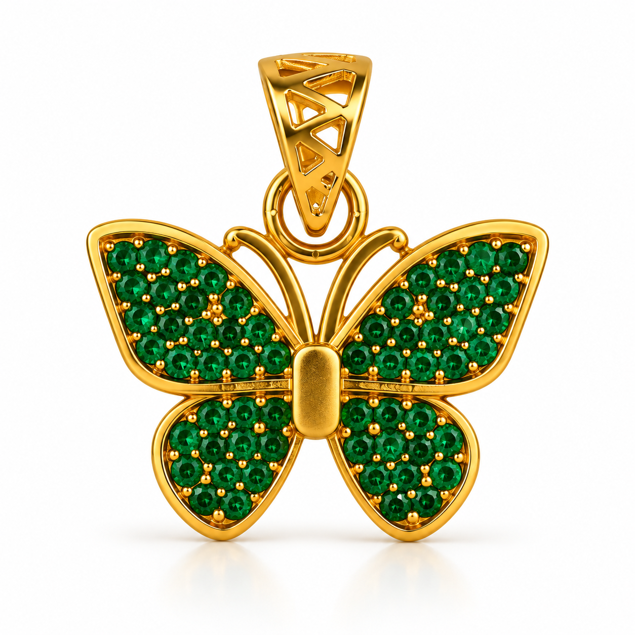 Front view of gold emerald butterfly pendant with four green pavé wings on white background