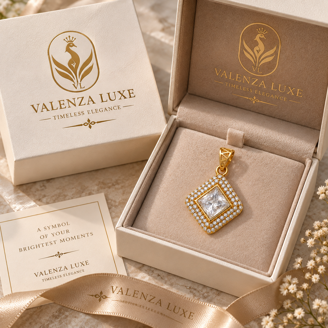 Valenza Luxe Sovereign Radiance princess-cut halo pendant displayed in a luxury jewellery gift box