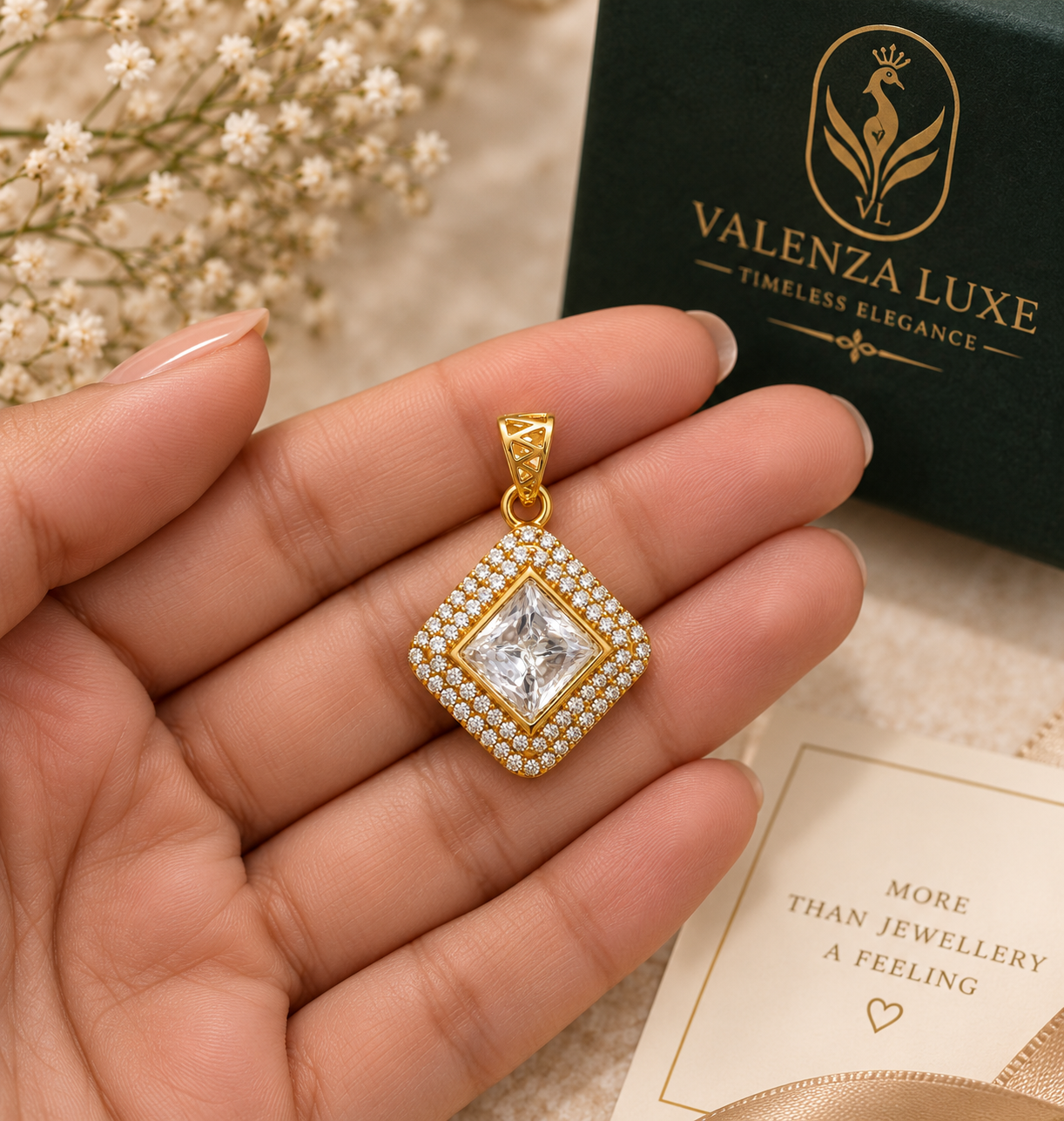 Sovereign Radiance gold-tone pendant held in hand showing princess-cut centre stone and double halo