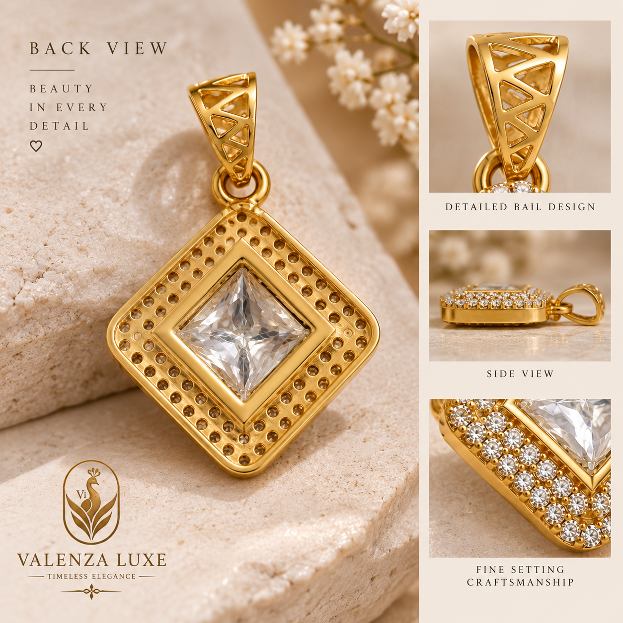 Back and side views of Sovereign Radiance pendant showing openwork gallery, bail and stone setting