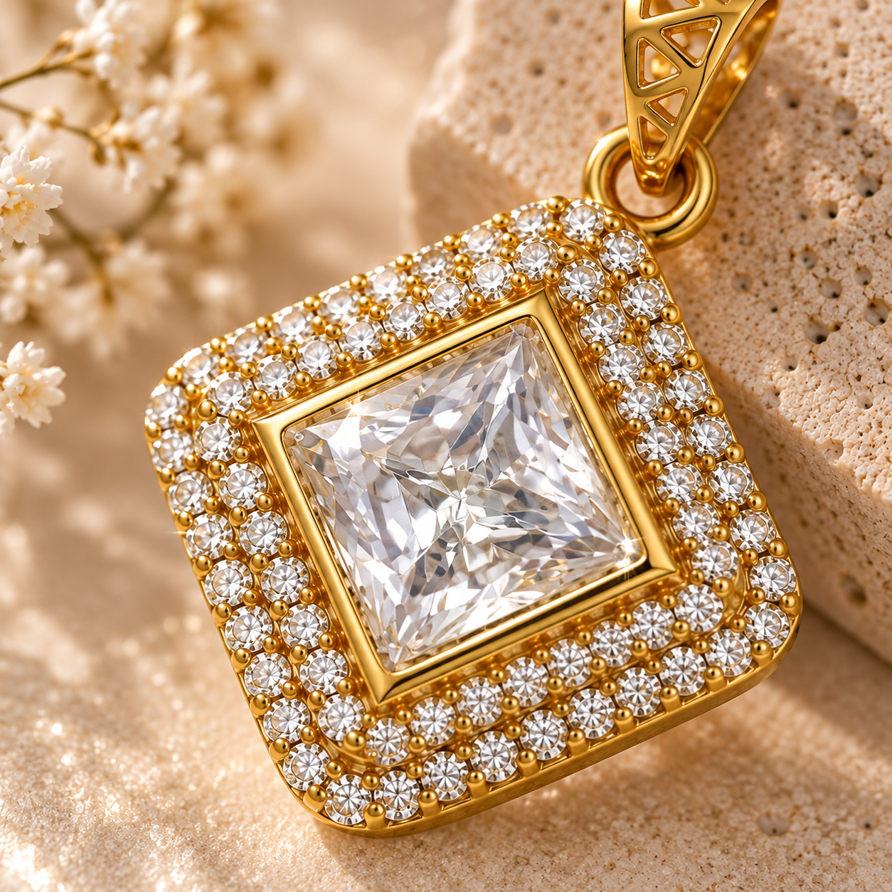 Macro close-up of Sovereign Radiance princess-cut centre stone with double halo in gold-tone setting