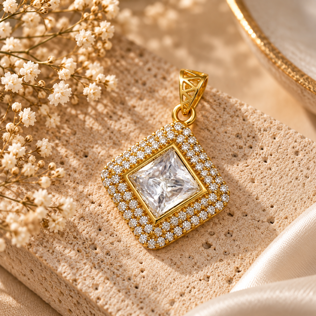 Valenza Luxe Sovereign Radiance princess-cut double halo pendant styled on a neutral stone display