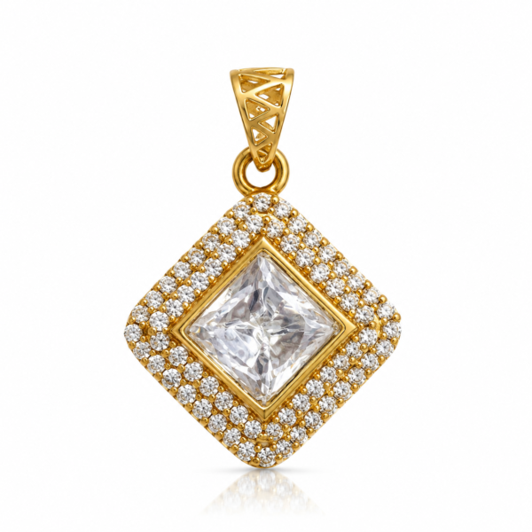 Valenza Luxe Sovereign Radiance gold-tone princess-cut double halo pendant on white background