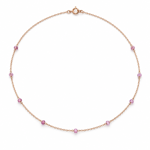 Evara pink gemstone station choker with rose gold vermeil chain on white background