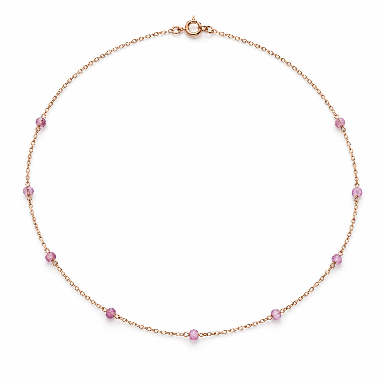 Evara pink gemstone station choker with rose gold vermeil chain on white background