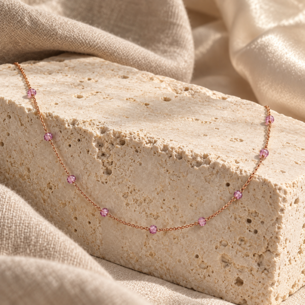 Pink gemstone station choker draped over ivory travertine with neutral linen and satin
