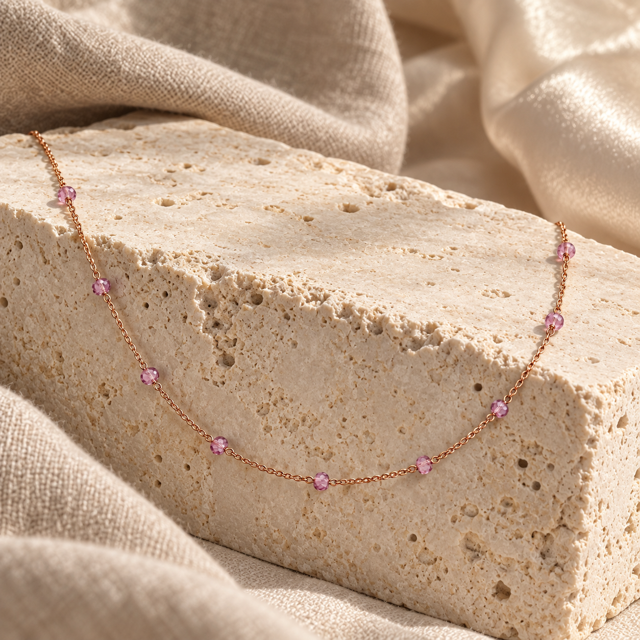 Pink gemstone station choker draped over ivory travertine with neutral linen and satin