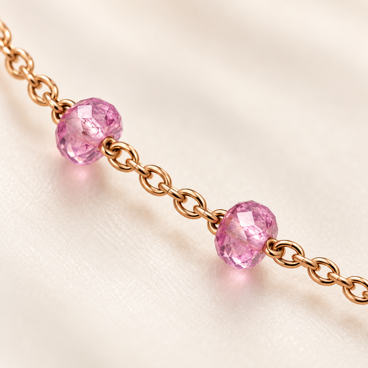 Close-up of faceted pink gemstone stations on delicate rose gold vermeil chain