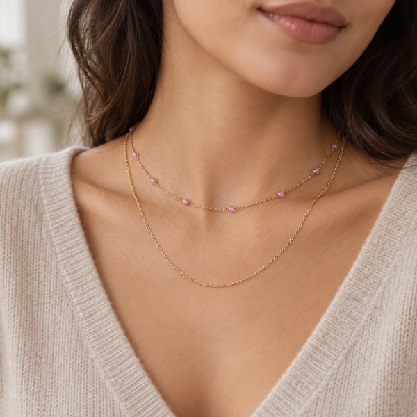 Woman layering Evara pink gemstone choker with a longer minimalist gold necklace