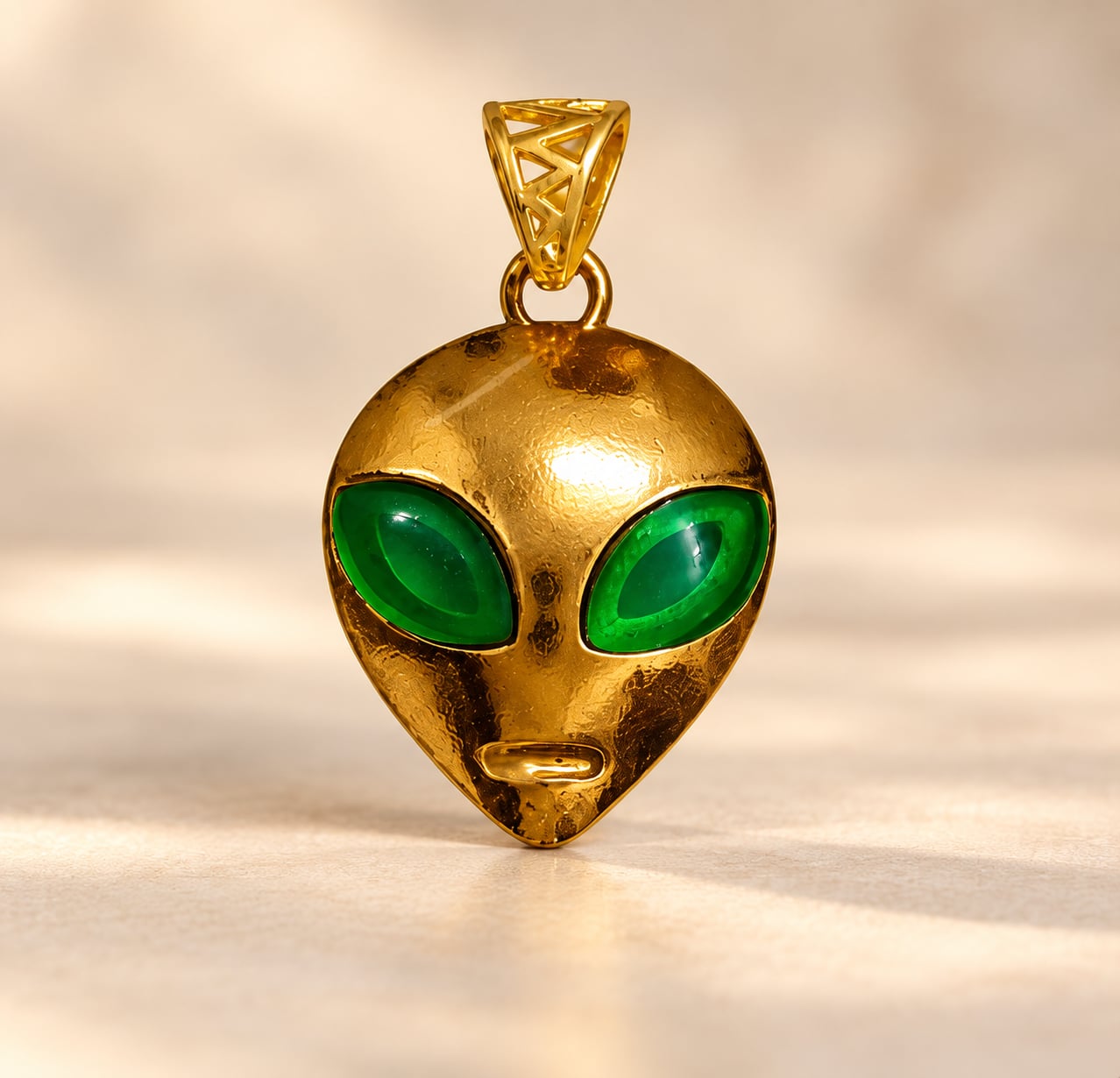 Astra Enigma gold-tone alien pendant with vivid green polished eyes on a cream background