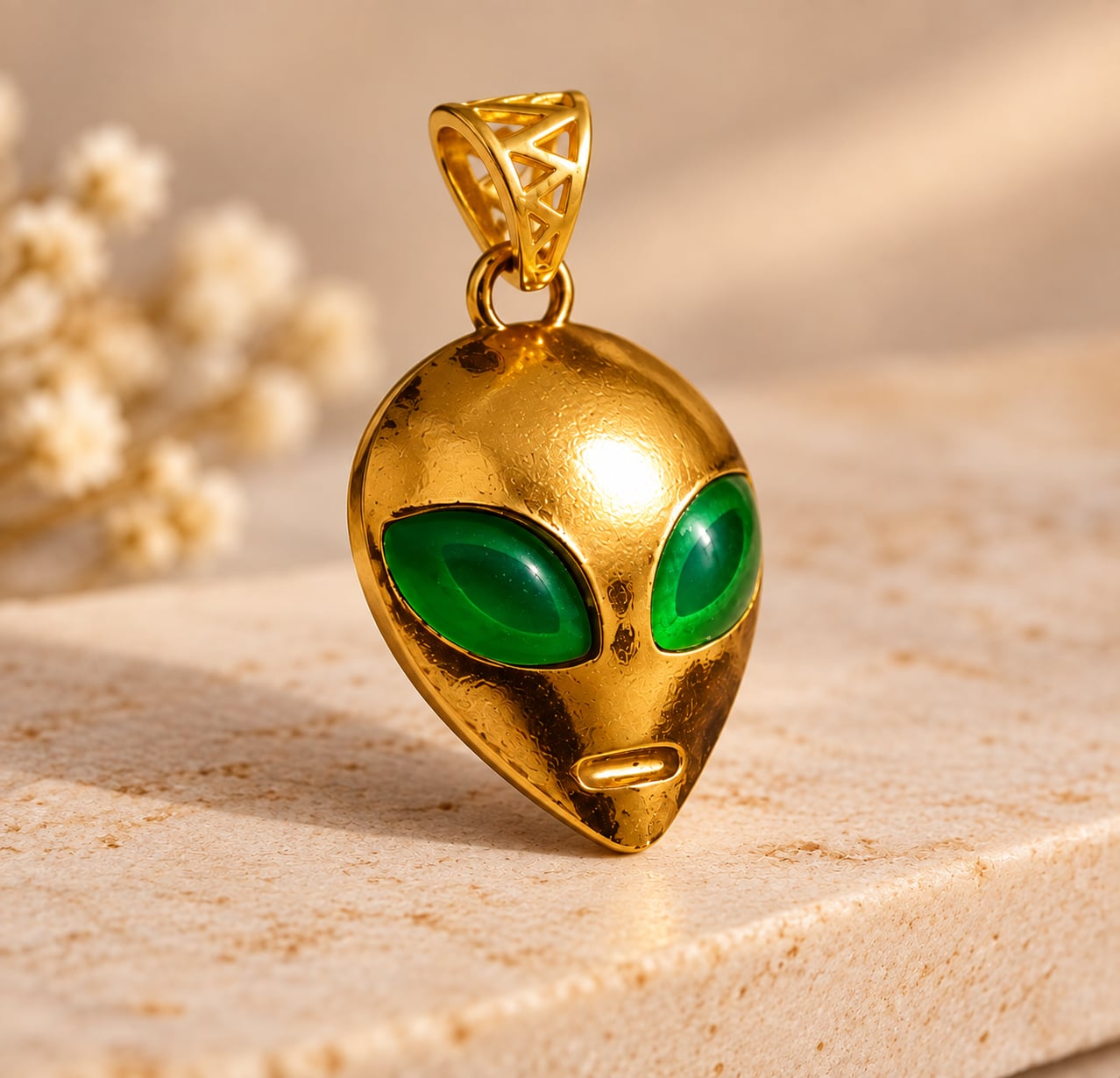 Three-quarter view of the Astra Enigma gold alien pendant showing green eyes and geometric bail
