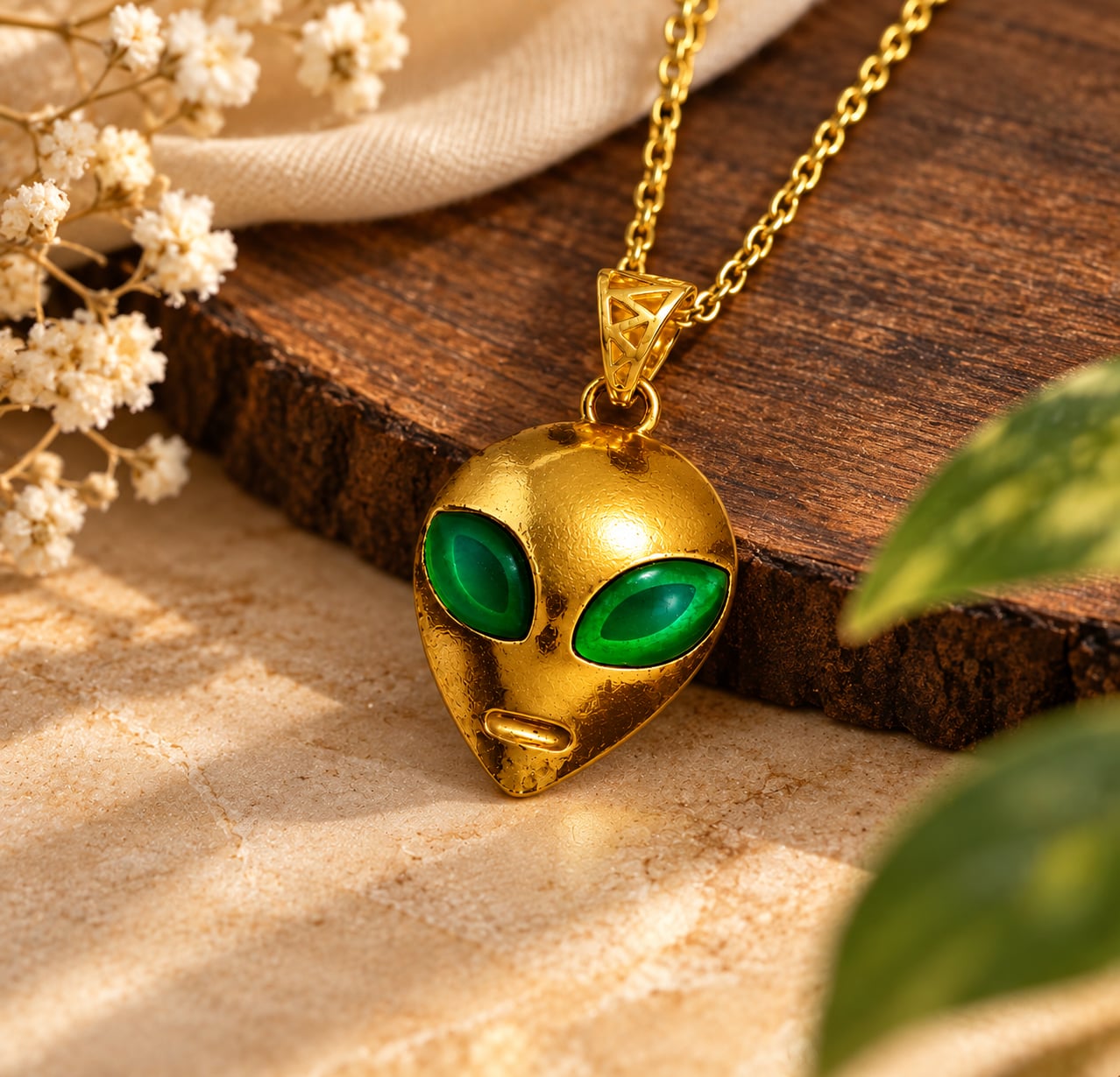 Astra Enigma gold alien pendant with green eyes styled on a chain beside wood, flowers and greenery
