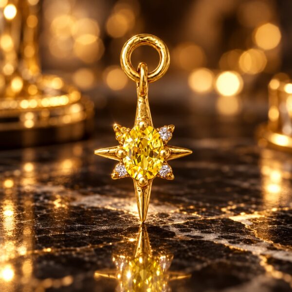 Solara gold starburst pendant with yellow centre stone photographed against a dark luxury background