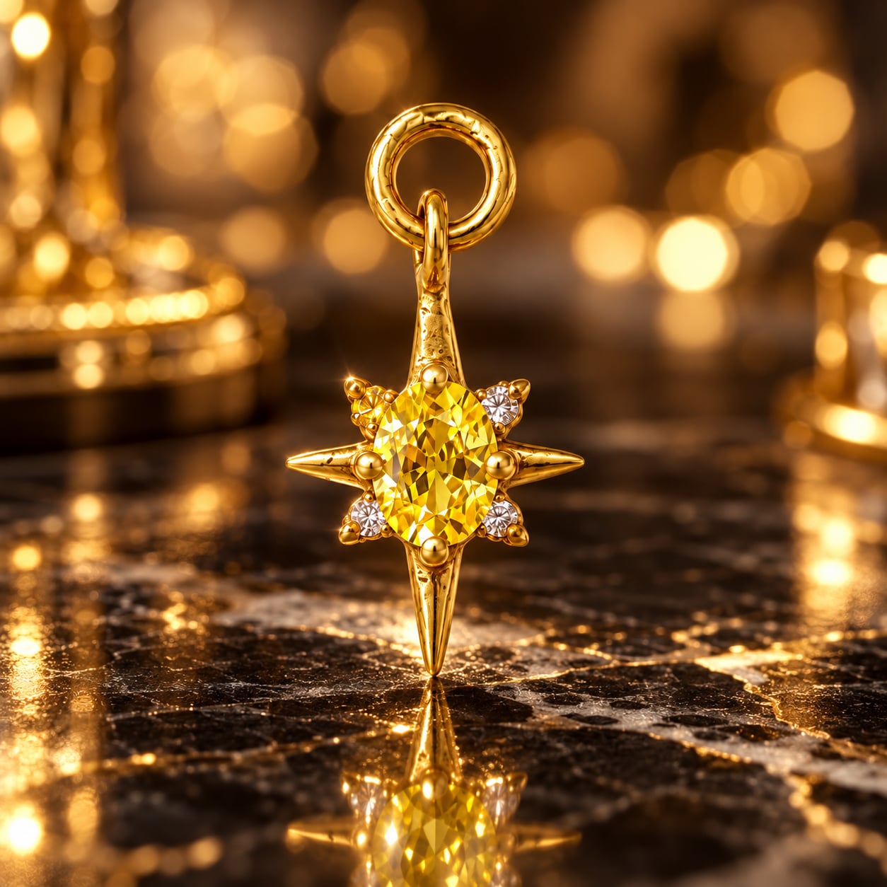 Solara gold starburst pendant with yellow centre stone photographed against a dark luxury background