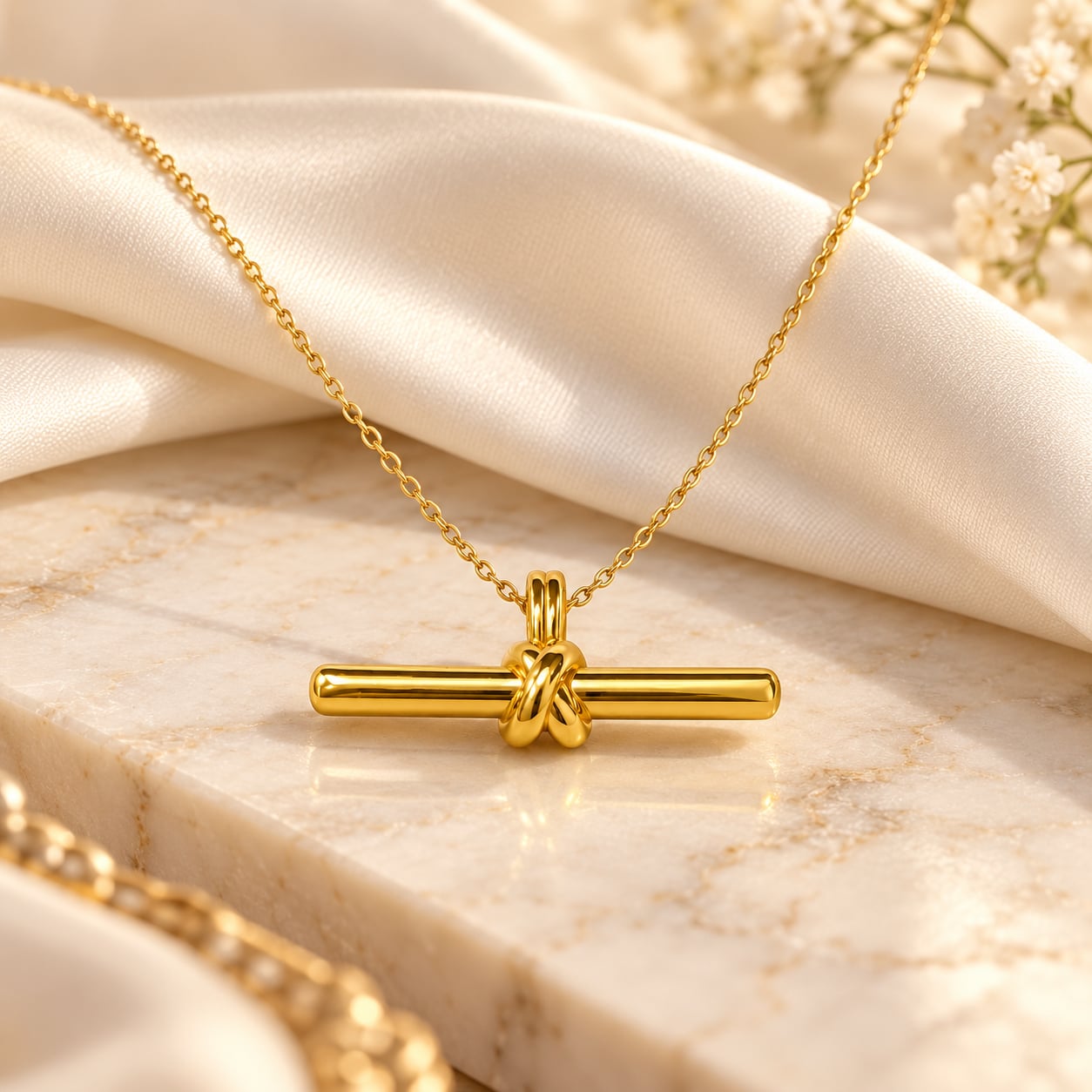 Aurelia Knot Bar Pendant styled on a delicate gold-tone chain over ivory satin and marble