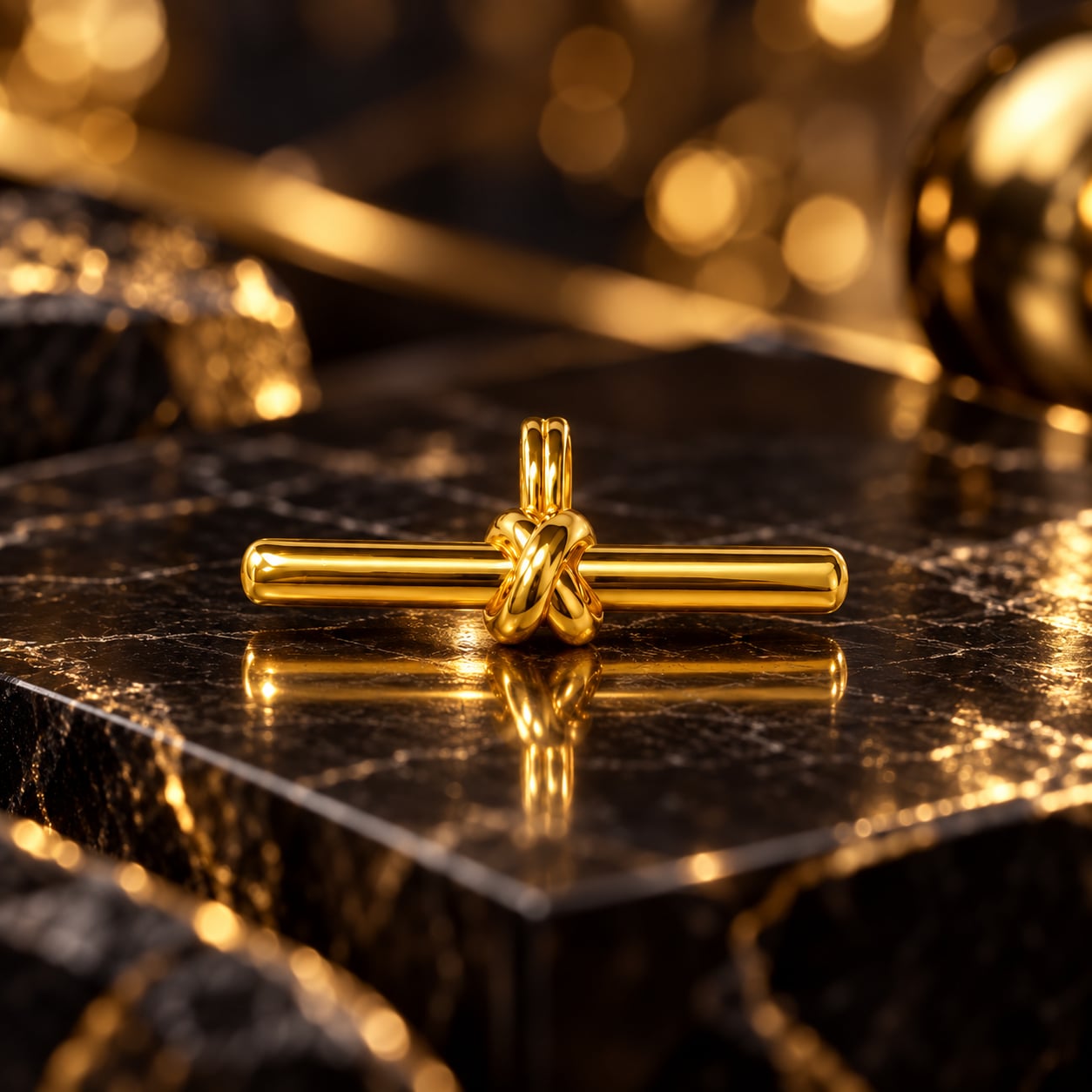 Aurelia Knot Bar Pendant on dark marble with warm golden evening reflections