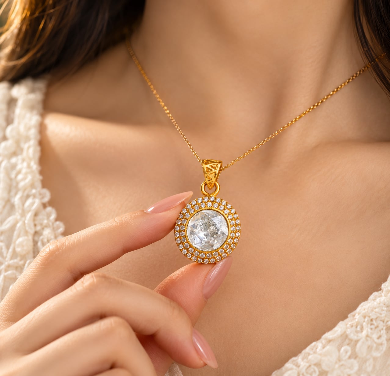 Woman holding the Elara double halo CZ pendant near her neckline in a polished gold finish