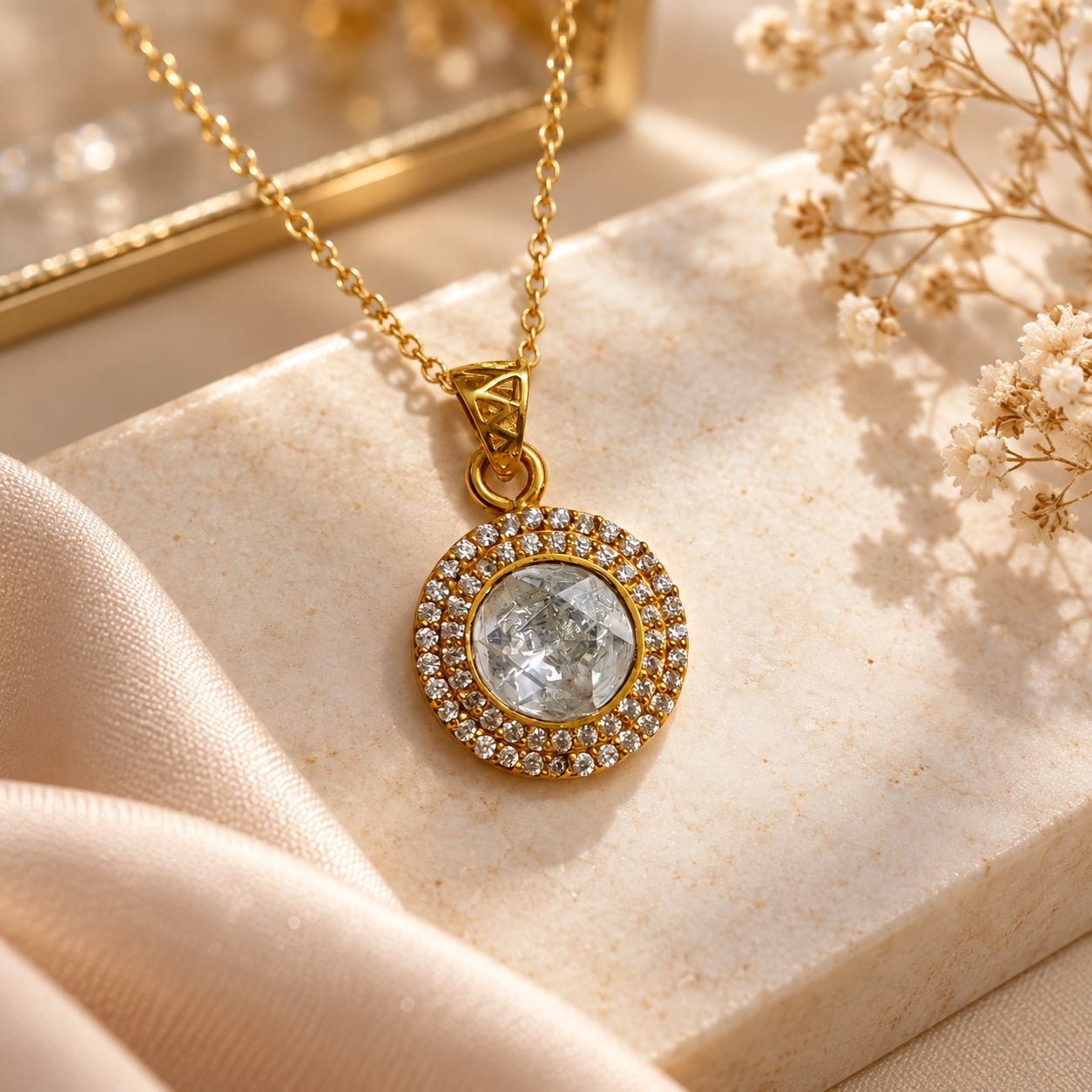 Elara double halo CZ pendant with gold-tone chain styled on ivory stone and champagne satin