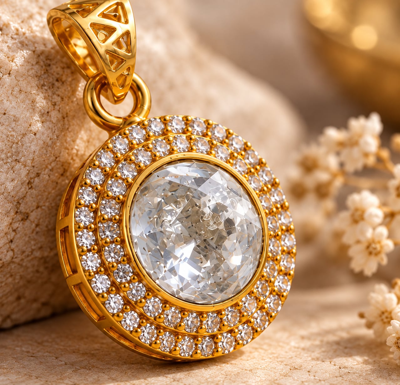 Close-up of Elara double halo pendant showing brilliant CZ centre stone and two rows of accent stones
