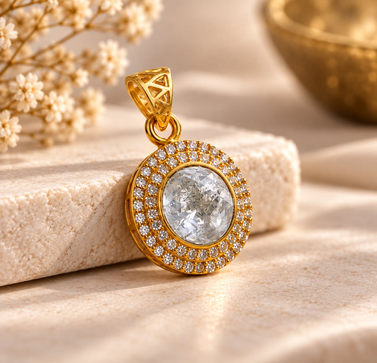 Angled view of Elara double halo CZ pendant showing its gold-tone setting and decorative bail