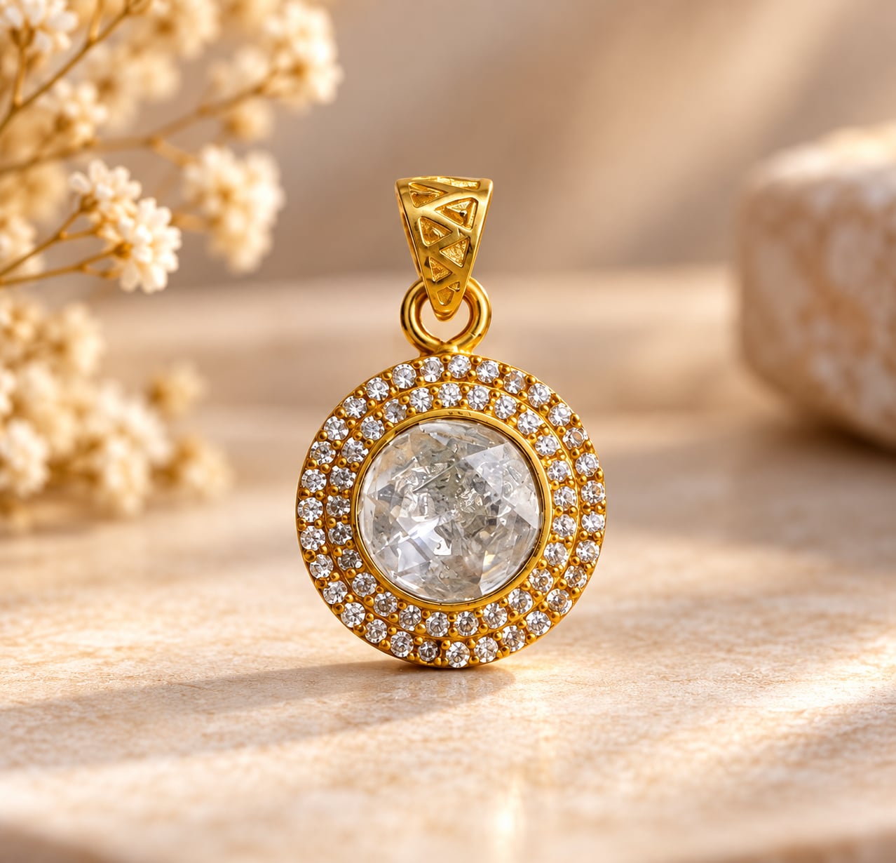 Front view of Elara double halo CZ pendant with round centre stone and polished gold-tone setting