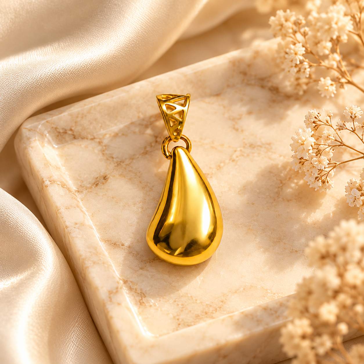 Aurelia gold-plated teardrop pendant styled on a cream stone tray with satin and white flowers