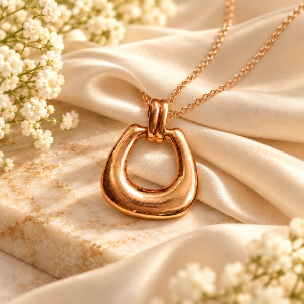 Seraphine rose-gold loop pendant styled with a fine chain on cream satin and stone with white flowers