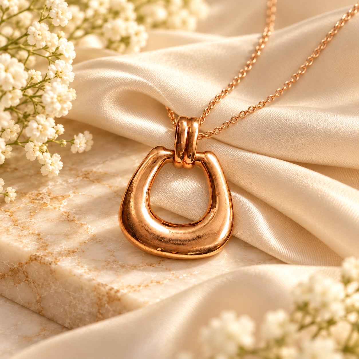 Seraphine rose-gold loop pendant styled with a fine chain on cream satin and stone with white flowers