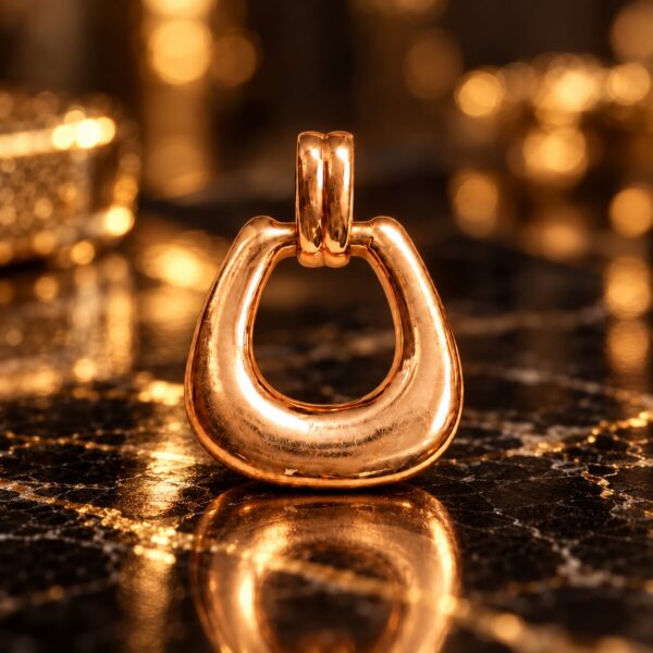 Seraphine rose-gold loop pendant on dark marble with warm golden evening reflections