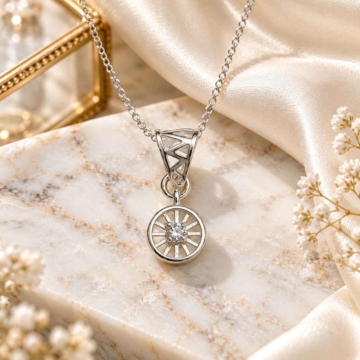 Silver-tone Meridian Halo pendant with clear centre stone styled on cream marble and satin