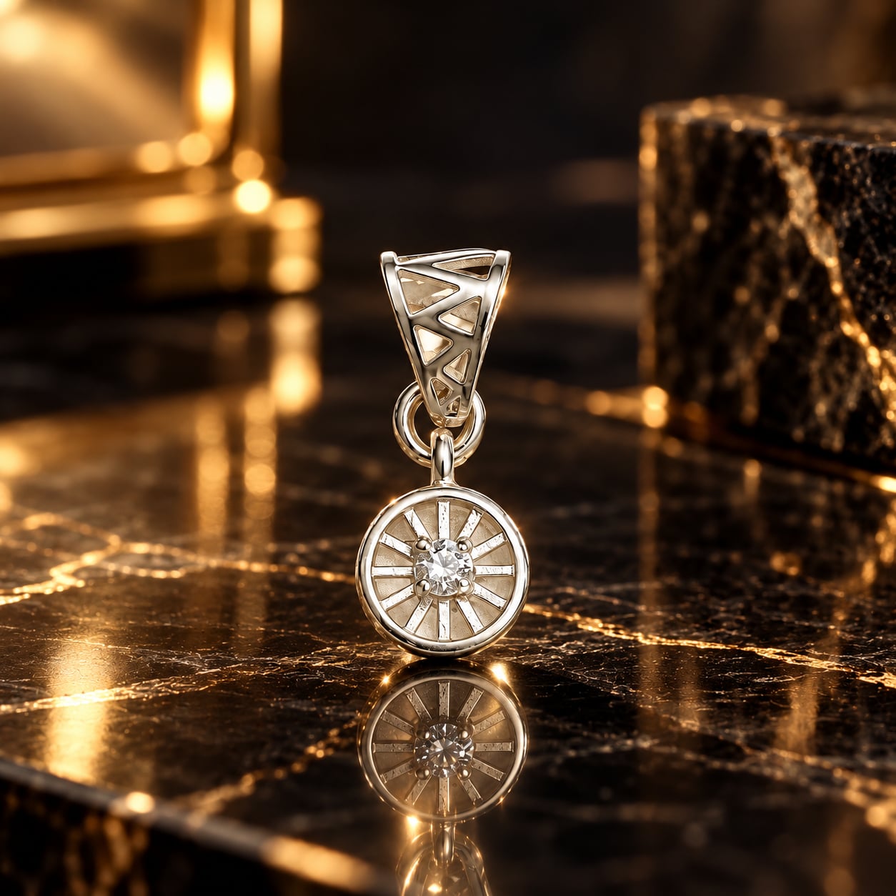 Meridian Halo silver pendant with clear centre stone photographed on black marble with warm reflections