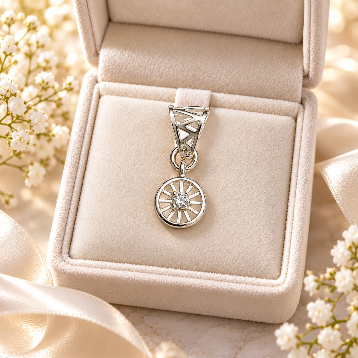 Meridian Halo silver-tone pendant with round clear centre stone displayed in a cream jewellery box