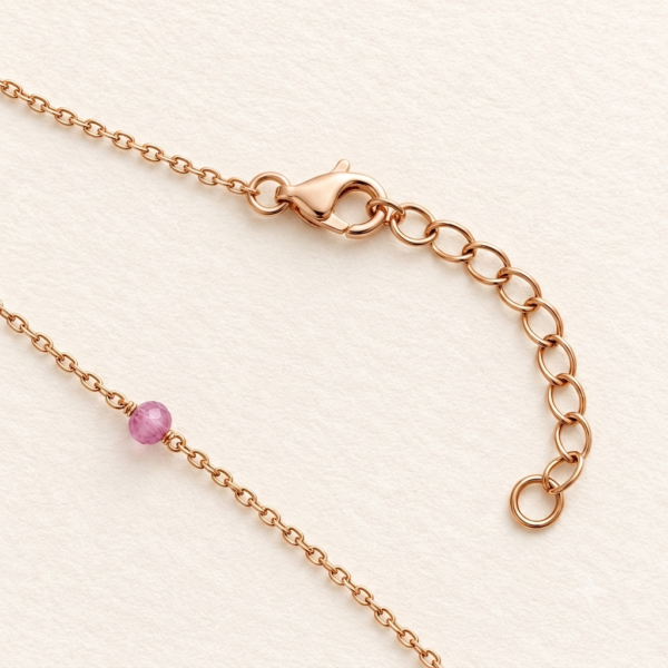 Lobster clasp and extender chain on Evara pink gemstone station choker in rose gold vermeil