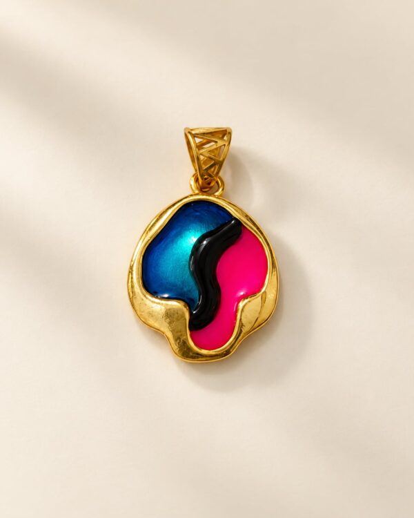 Aurora Muse multicolour gold-tone pendant featuring an abstract blue, pink and black design against an ivory background.
