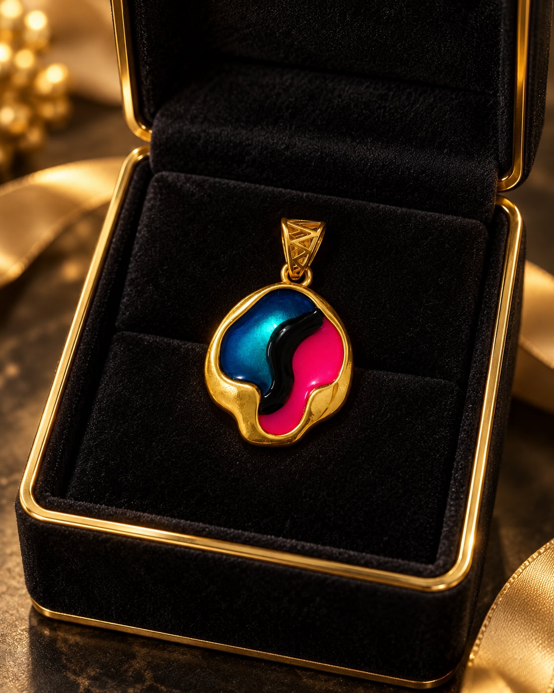 Aurora Muse multicolour gold-tone pendant displayed inside a black velvet jewellery box with gold trim.
