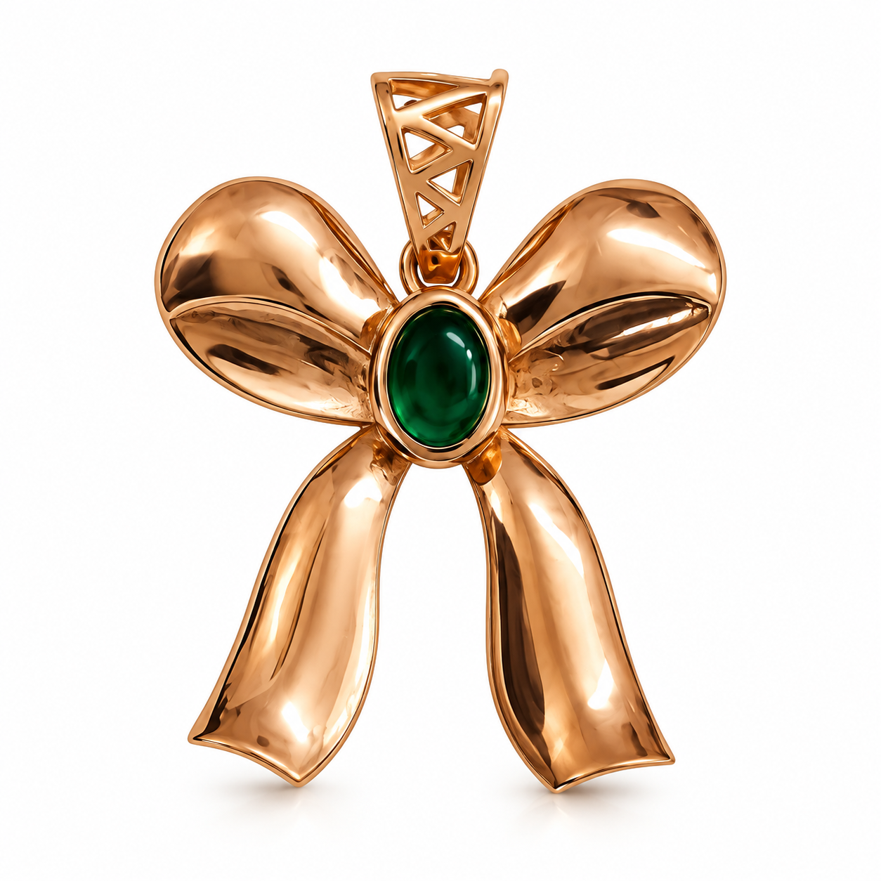 Rose gold-toned bow pendant with a deep green oval center stone, polished ribbon loops and geometric openwork bail on a white background.