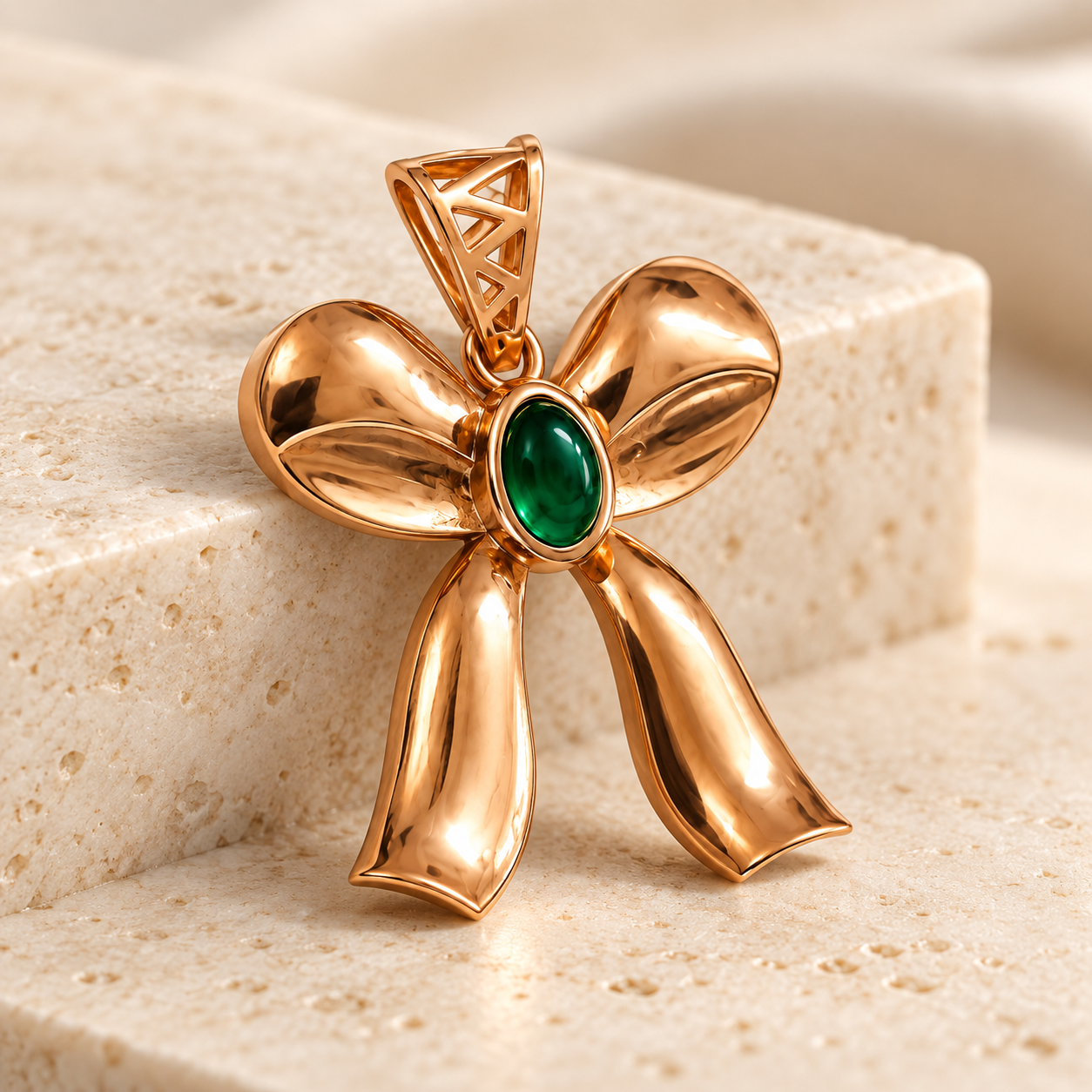 Angled view of a rose gold-toned bow pendant with an oval green stone and sculpted ribbon loops resting against a cream travertine block.