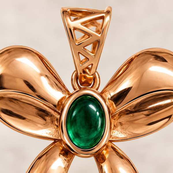 Macro close-up of the deep green oval stone, smooth rose gold-toned bezel and triangular lattice bail on a bow-shaped pendant.