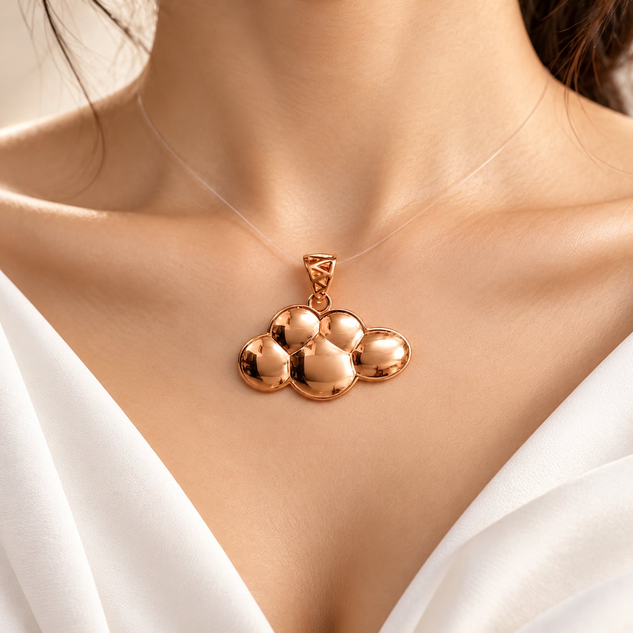 Woman wearing the Cirrus Cloud rose gold pendant on a transparent nylon thread