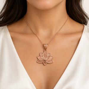 Padma Bloom lotus pendant in rose gold finish on a model, styled with a fine chain over an ivory neckline.