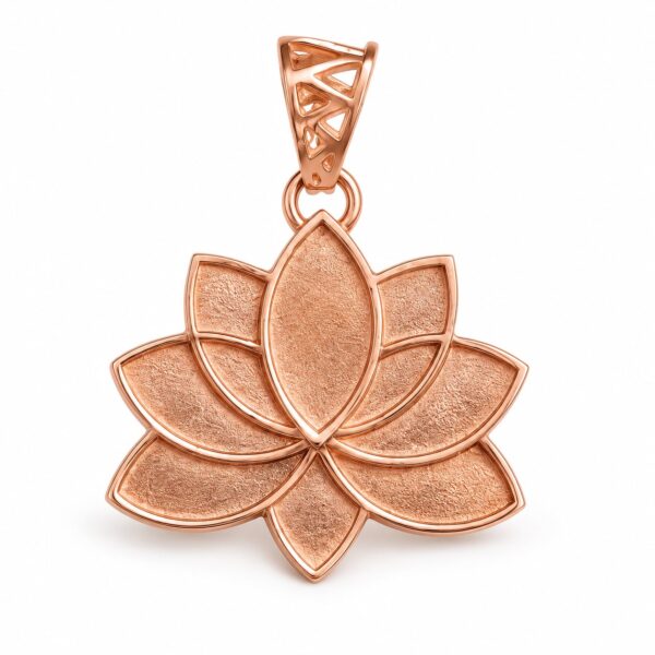 Front view of Padma Bloom lotus pendant in 925 sterling silver with warm rose gold finish on white background.